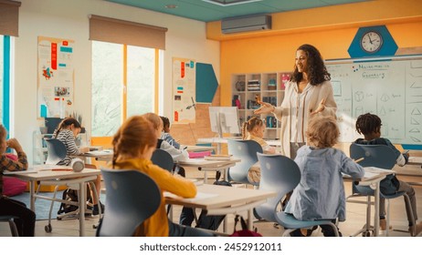 Class of Adorable Multiethnic Children Studying Mathematics and Geometry in an International Primary School. Enthusiastic Female Teacher Explains Shapes and Measurements to Young Smart School Kids - Powered by Shutterstock