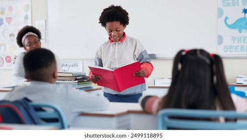 Class, child and reading presentation for learning, education or storytelling in elementary school. Kid boy, students and speech with teacher for assignment, project or knowledge with book in lesson