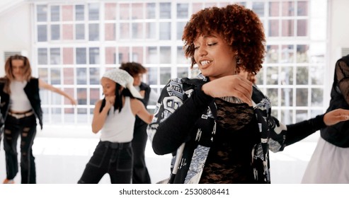 Class, coach and dance with hip hop people in studio for practice, recital or rehearsal for showcase. Energy, fitness and smile of woman instructor teaching dancer students for choreography of talent - Powered by Shutterstock