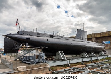 The Daphné Class French Submarine Flore At The Keroman Submarine Base, A WWII German U-boat Facility, In Lorient, France