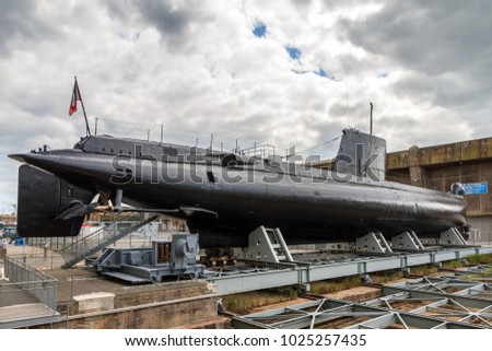 The Daphné class French submarine Flore at the Keroman Submarine Base, a WWII German U-boat facility, in Lorient, France