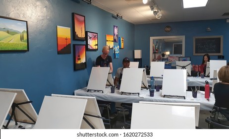 Class Of Painters Ready To Paint On A Canvas At Paint And Sip Studio.January 19,2020,Temecula , California.USA  