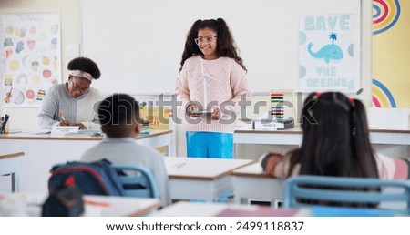 Class, students and kid with presentation for learning, education or storytelling in elementary school. Happy girl, children or speech with teacher for assignment, knowledge or climate change project