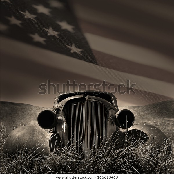 Classic\
american car with the US flag as a\
skyline