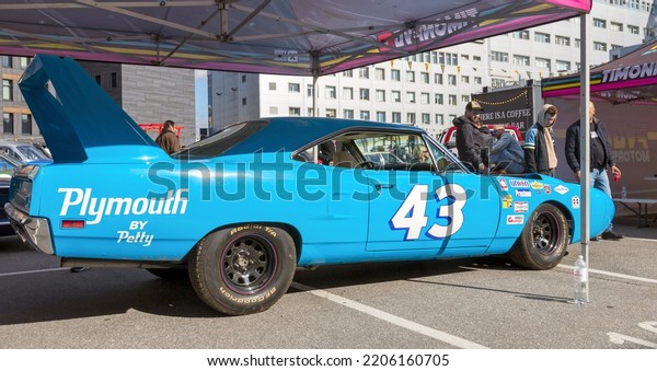 Classic american muscle car 1970 Plymouth Superbird\
Richard Petty Replica on Original Meet Show. Russia, St.\
Petersburg, September 10,\
2022
