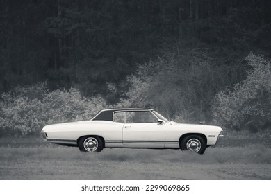 Classic American oldtimer vintage muscle car of the 1960s - 1970s on a country road on a sunny summer day. - Shutterstock ID 2299069865