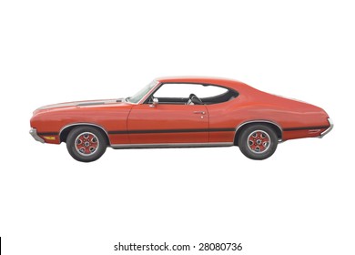 Classic American red muscle car on white