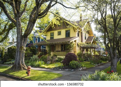 Classic American suburban house in springtime neighborhood setting