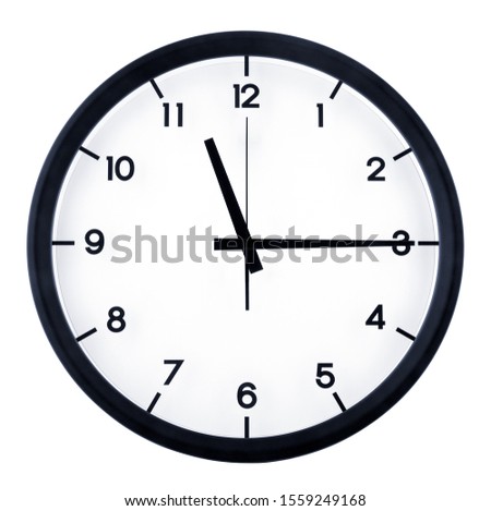 Classic analog clock pointing at eleven fifteen o'clock, isolated on white background