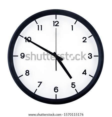 Classic analog clock pointing at four fifty, isolated on white background.