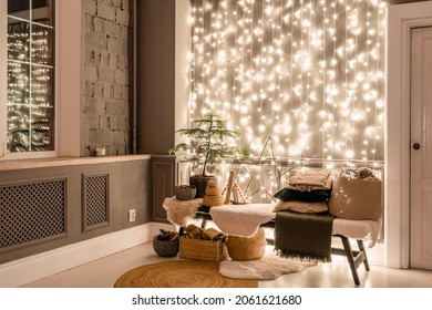 Classic apartments with decorated christmas tree and presents. Christmas evening in the light of candles and garlands. Living with fireplace and stucco. - Powered by Shutterstock