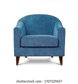 Classic armchair art deco style in blue velvet with wooden legs isolated on white background. Front view, grey shadow. Series of furniture