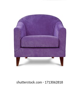 Classic Armchair Art Deco Style In Purple Velvet With Wooden Legs Isolated On White Background. Front View, Grey Shadow. Series Of Furniture