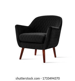 Classic armchair art deco style in black velvet with wooden legs isolated on white background. Front view, grey shadow. Series of furniture