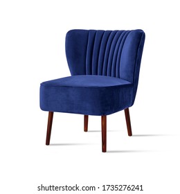 Classic Armchair Art Deco Style In Blue Velvet With Wooden Legs Isolated On White Background. Front View, Grey Shadow. Series Of Furniture