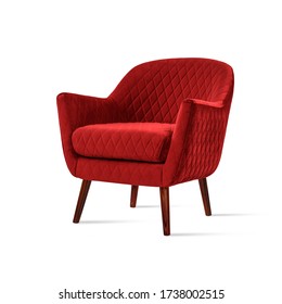 Classic armchair art deco style in red velvet with wooden legs isolated on white background. Front view, grey shadow. Series of furniture