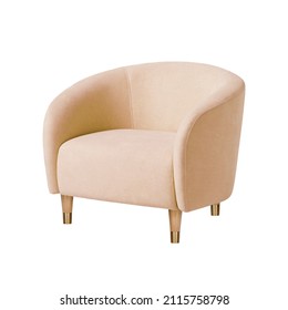 Classic Armchair Art Deco Style In Light Cream Velvet With Wooden Legs Isolated On White Background. Series Of Furniture