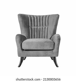 Classic Armchair Art Deco Style In Gray Velvet With Black Nickel Metal Legs Isolated On White Background. Front View, Series Of Furniture