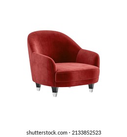 Classic Armchair Art Deco Style In Wine Red Burgundy Velvet With Black And Nickel Legs Isolated On White Background With Clipping Path. Series Of Furniture