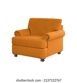 Classic Armchair Art Deco Style In Orange Velvet With Wooden Legs With Clipping Path Isolated On White Background. Series Of Furniture