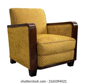 Klassische Sessel Art Deco-Stil auf orangefarbenem Samt mit Holzbeinen einzeln auf weißem Hintergrund.