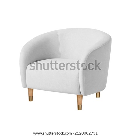 Classic armchair art deco style in white velvet with wooden legs isolated on white background. Series of furniture