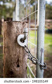 Classic Australian Farm Gate Lock On A Wooden Post