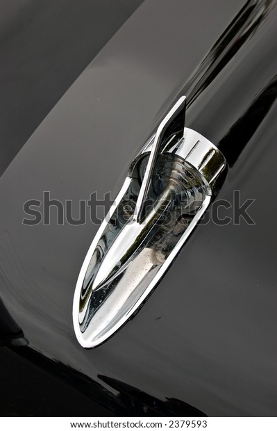 Classic\
Automobile hood ornament with\
raindrops