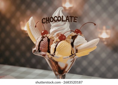 A classic banana split features three scoops of ice cream, chocolate sauce, whipped cream, cherries, peanuts, and two banana halves.