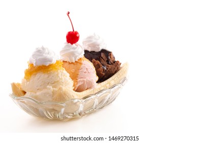 Classic Banana Split Isolated On A White Background