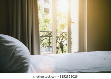 Classic Bed In Hotel Room With A Vintage Look In Paris