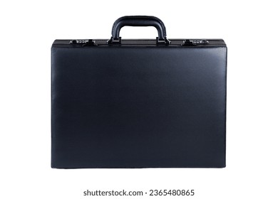 Classic big black premium quality business briefcase with with a handle, side view, object isolated on white background, cut out, nobody, asset design element businessman briefcase from the side