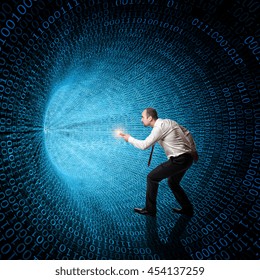 classic binary code 3d background and man with flashlight