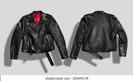 Classic black leather bikers' jacket with silk red lining shot from the front and the back isolated on white