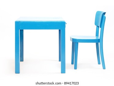 Classic Blue Chair And Table - School Desk On A White Background.