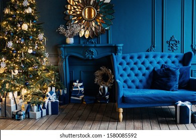 Classic Blue Christmas Interior With Green Christmas Tree, Presents, Lights 