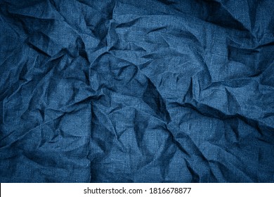 Classic Blue Color Trend Of 2021 Year. Wrinkled Linen Dark Blue Fabric. Linen  Cloth Blue Texture Background. 