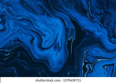 Classic Blue Color Of The Year 2020. Abstract Fluid Acrylic Painting. Modern Art. Marbled Blue Abstract Background. Liquid Marble Pattern