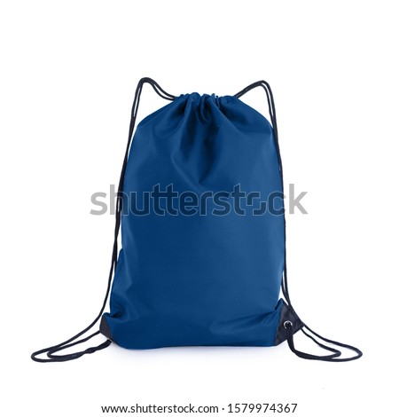 Classic blue drawstring pack template, bag for sport shoes isolated on white. Mock up, 2020.