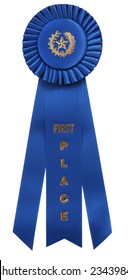 classic blue ribbon with "First Place" embossed on center ribbon. Isolated on white with clipping path