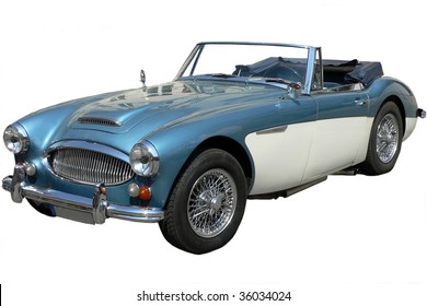 Classic Blue and White Austin Healey 3000 Sports Car Isolated on White background