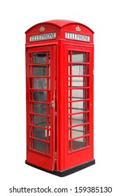 Классическая британская красная телефонная будка в Лондоне, Великобритания, изолированная на белом