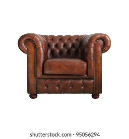 Classic Brown leather armchair isolated on white background with clipping path.