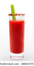 Classic Brunch Drink, Hangover Remedy And Vodka Based Mixed Drinks Concept With Bloody Mary Cocktail In Tall Cylindrical Glass And A Celery Stick Isolated On White Background With Clipping Path Cutout