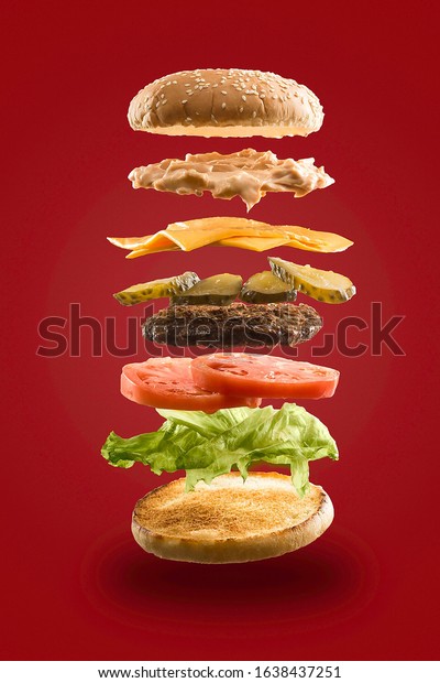 Classic Burger with divided ingredients: beef,\
cheese, tomatoes, pickles, salad, sauce and sesame buns on red\
background. Side view \
scheme.