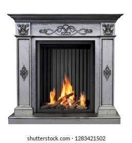 Classic burning fireplace isolated on white background.