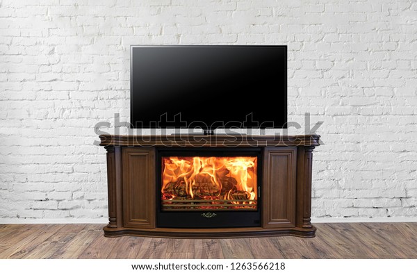 Classic Burning Fireplace Tv Bright Empty Stock Image Download Now