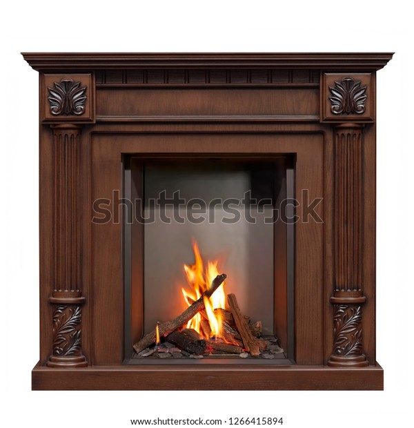 Classic burning gas fireplace isolated on\
white background.