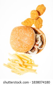 Klassischer Geschäftsmann Mittagessen: Hamburger, Pommes frites und Nuggets
