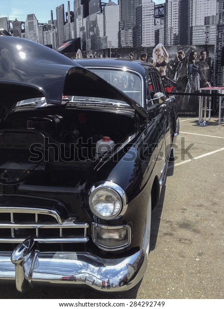 A classic car featured in the\
movie Sin City: A Dame to Kill For on display at in PetCo Park at\
San Diego Comic Con in San Diego, California, July\
2014.